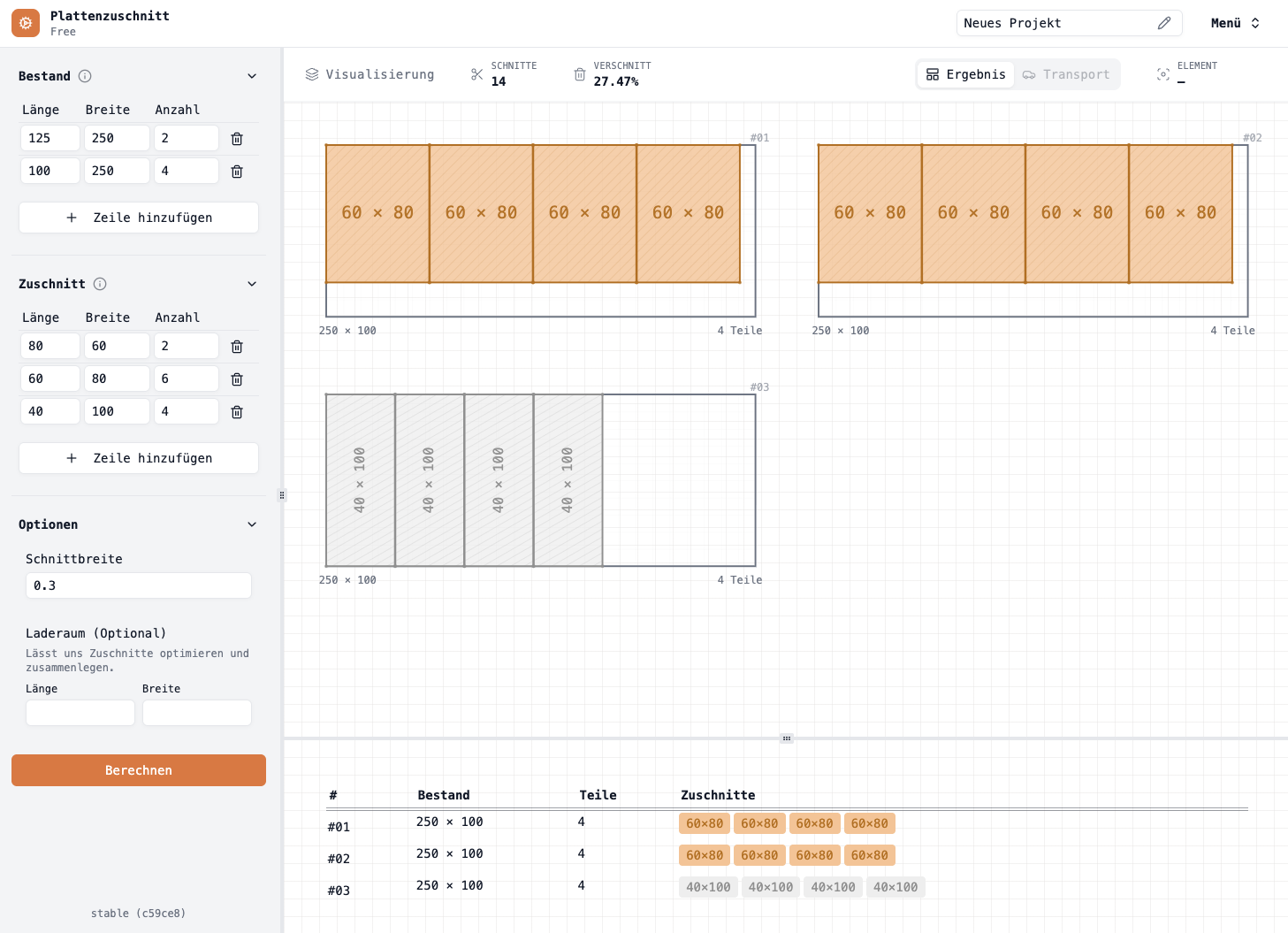 Screenshot der Plattenzuschnitt-App mit einem Beispielprojekt